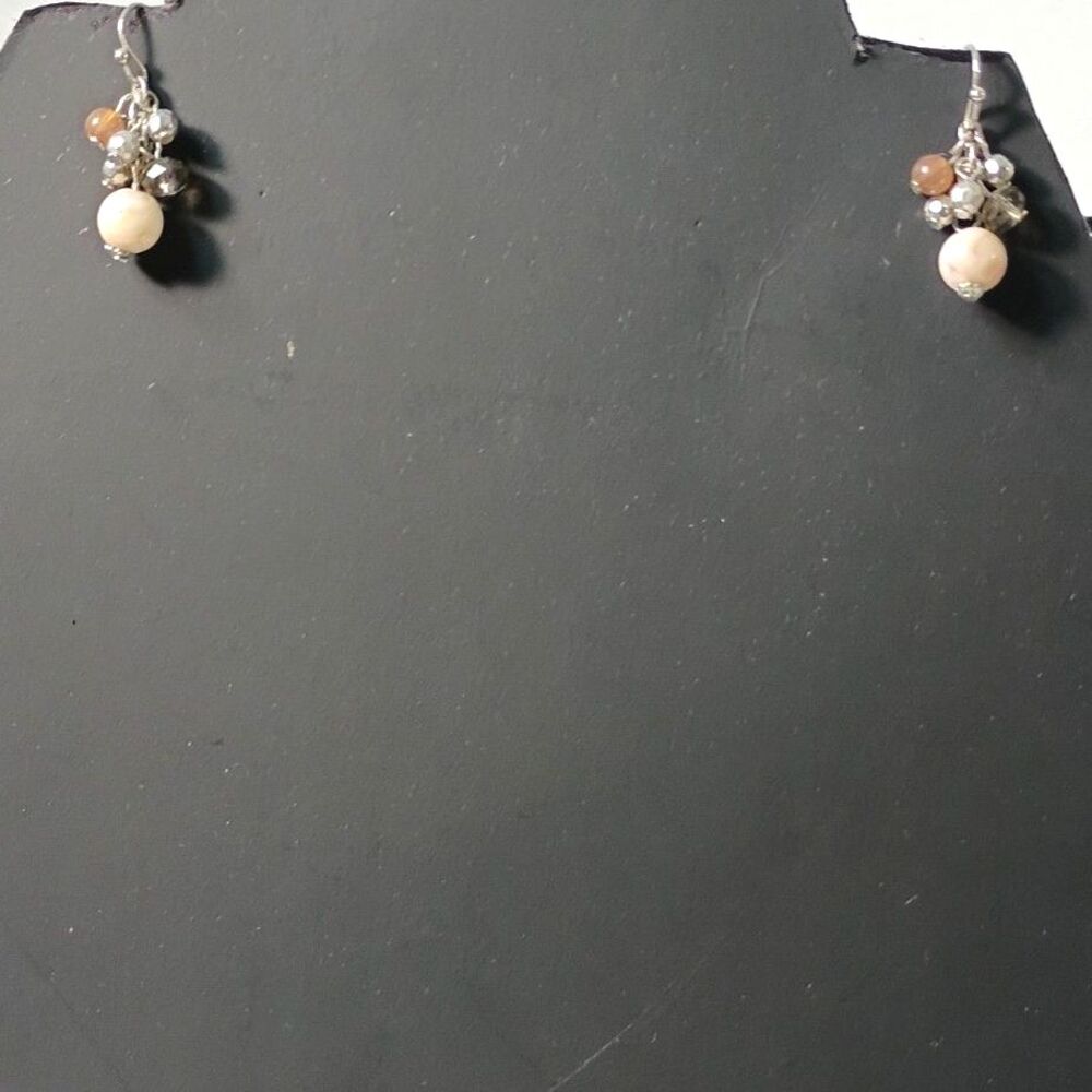 Silver Pearl Crystal Cluster Dangle Earrings | Frosted Glass Bead Statement Drop
